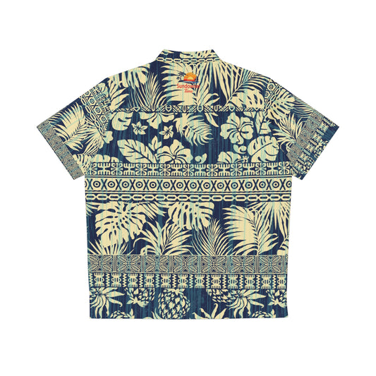 A short-sleeve button-up shirt with a tropical leaf and geometric tribal print in navy blue and cream, shown flat against a white background.