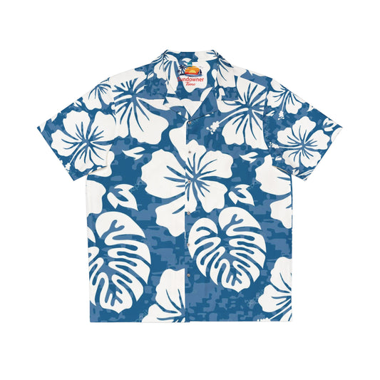 A short-sleeve button-up Hawaiian shirt with a blue and white hibiscus and monstera floral pattern, displayed flat against a white background.