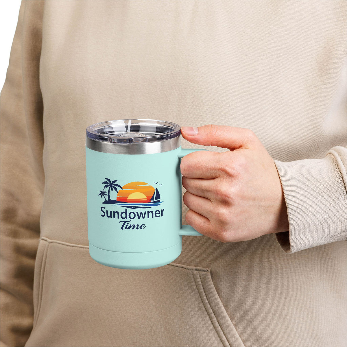 Sundowner Tides 15oz Travel Mug — Sunset Beach Logo Stainless Coffee Tumbler