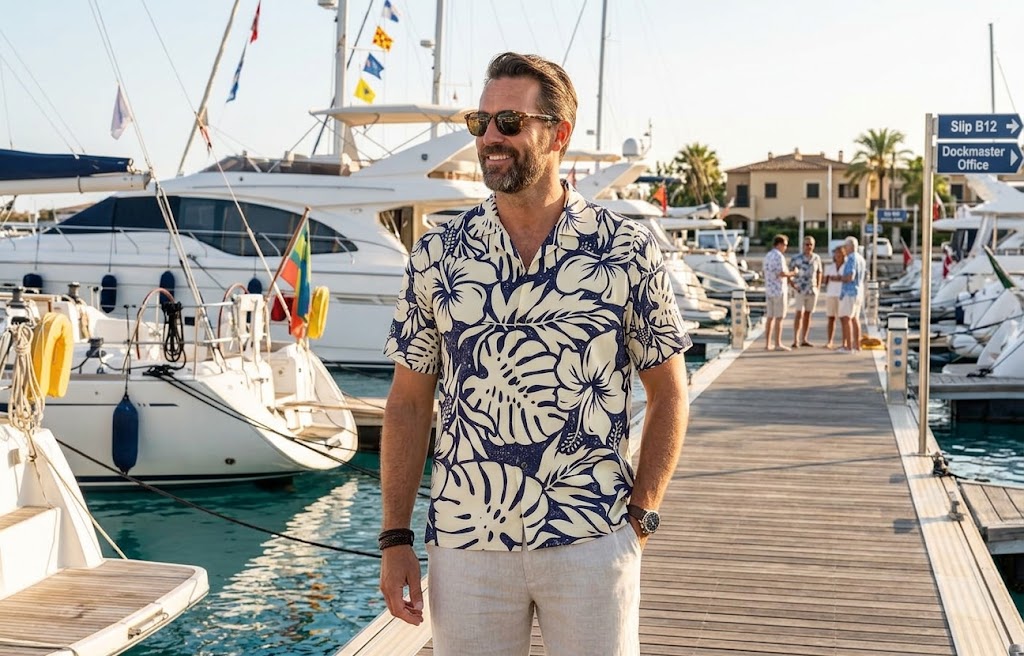 Navy & Cream Tropical Hibiscus Hawaiian Shirt