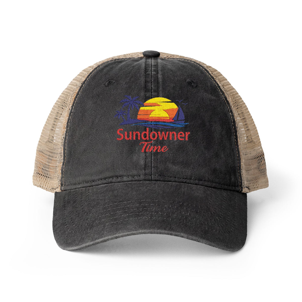 A distressed trucker hat with a black washed front panel and brim, tan mesh back, and a colorful embroidered 'Sundown Time' sunset graphic on the front.