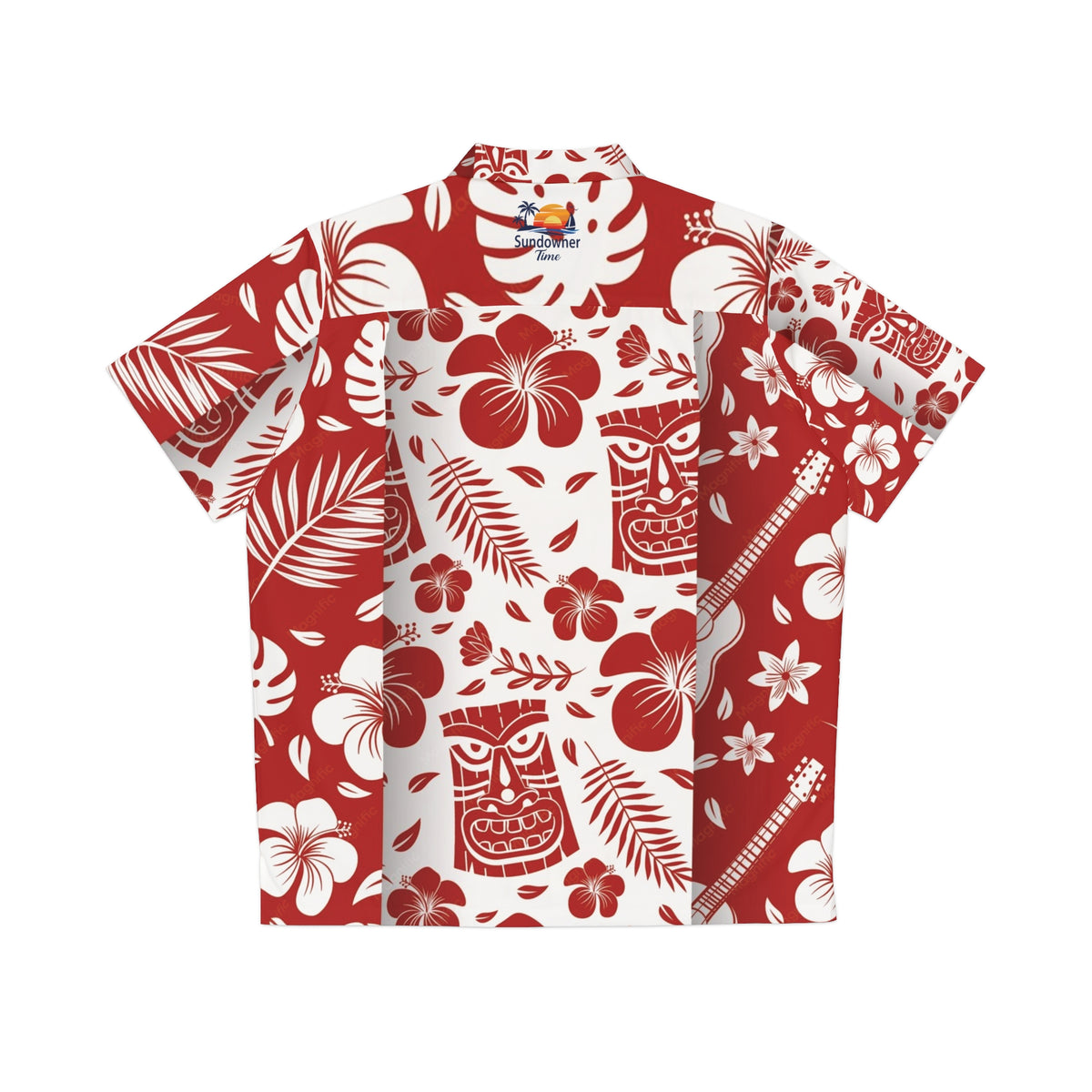 A short-sleeve Hawaiian-style camp shirt with a red and white tropical print featuring hibiscus flowers, palm leaves, tiki masks, and musical instruments, shown flat against a white background.
