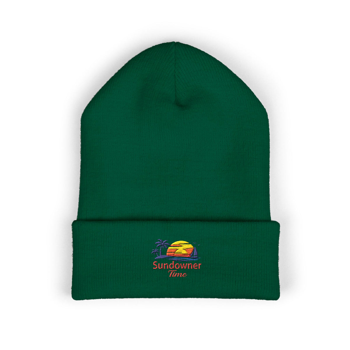 Embroidered 'Sundowner Farm' Cuffed Beanie — Olive Knit Winter Hat