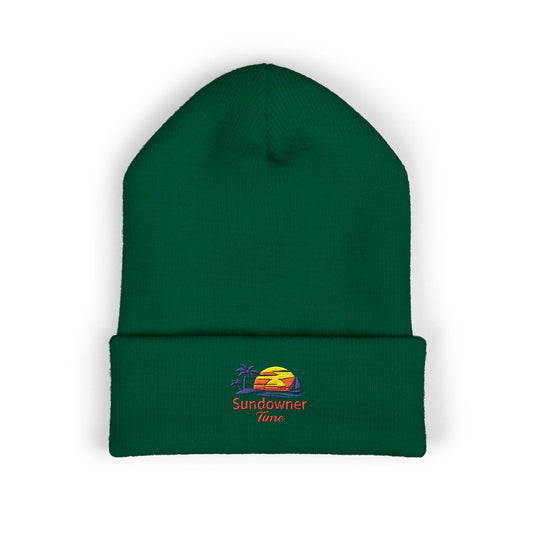 Embroidered 'Sundowner Farm' Cuffed Beanie — Olive Knit Winter Hat