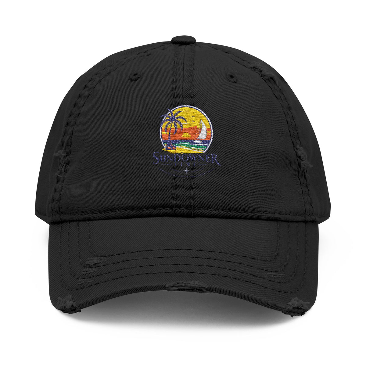 Distressed Embroidered Dad Hat — Vintage Sunset Palm Beach Cap