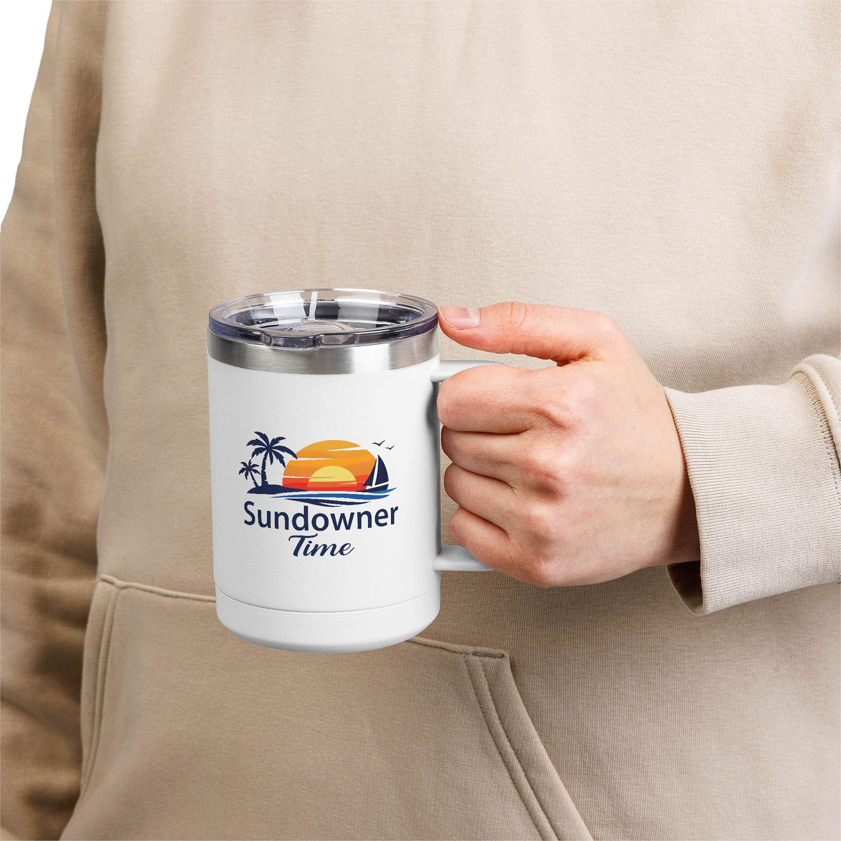 Sundowner Tides 15oz Travel Mug — Sunset Beach Logo Stainless Coffee Tumbler