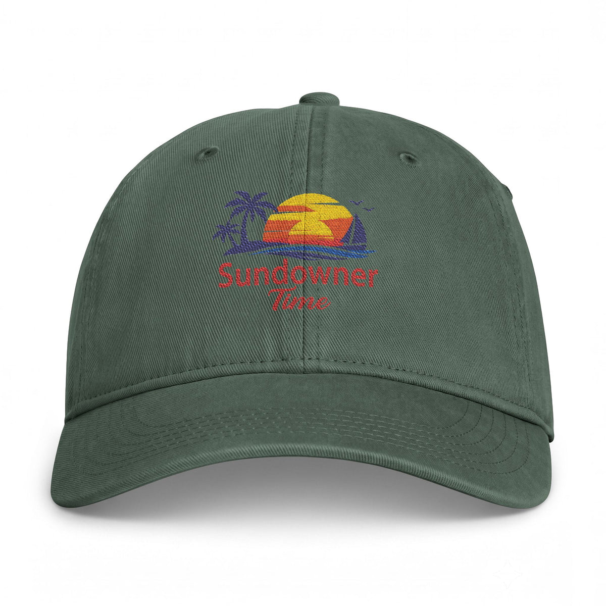 Coastal Washed Cap — Embroidered "Sundowner Time" Sunset Baseball Hat