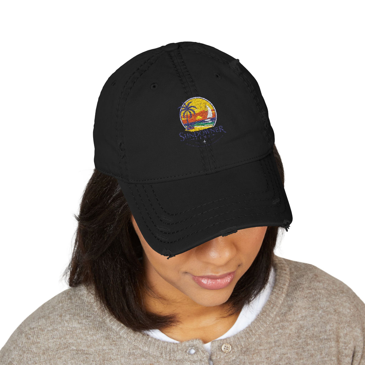 Distressed Embroidered Dad Hat — Vintage Sunset Palm Beach Cap