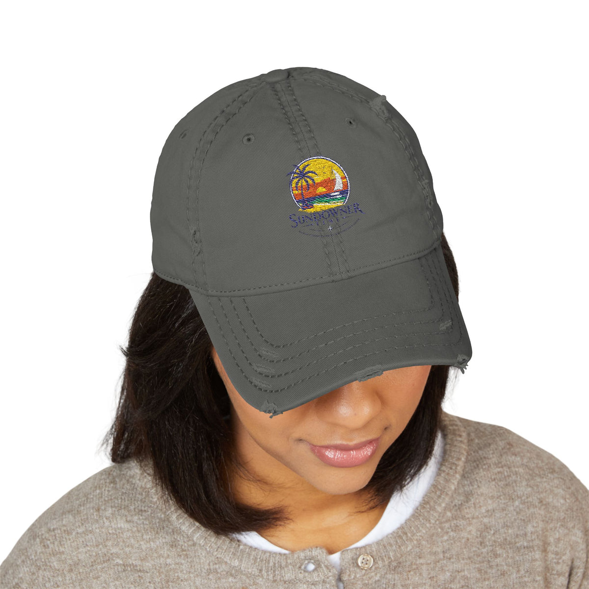 Distressed Embroidered Dad Hat — Vintage Sunset Palm Beach Cap