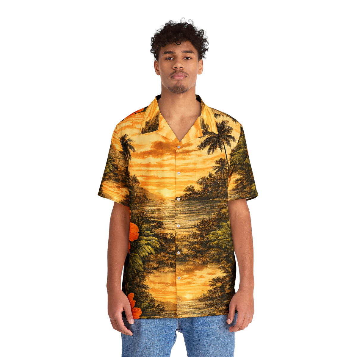 A man wearing a short-sleeve button-up Hawaiian  shirt with a tropical sunset landscape print, paired with blue jeans, against a plain white background.