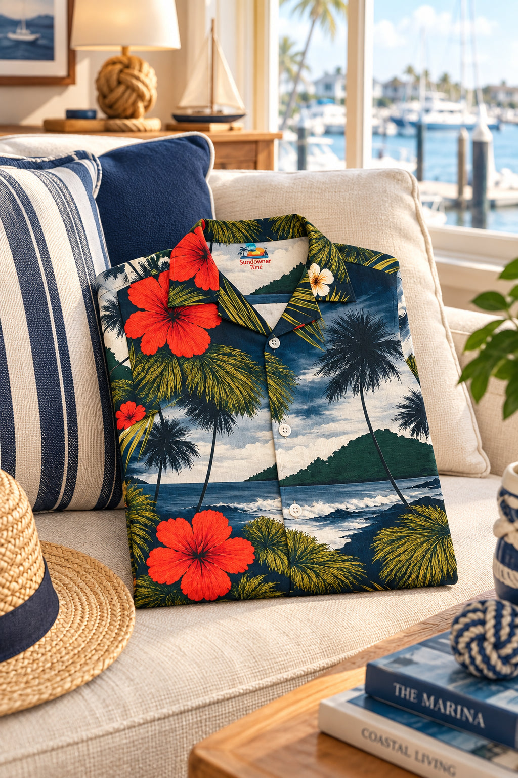 A short-sleeve button-up Hawaiian shirt with a tropical beach print featuring palm trees, ocean waves, green foliage, and large orange-red hibiscus flowers on a white background.