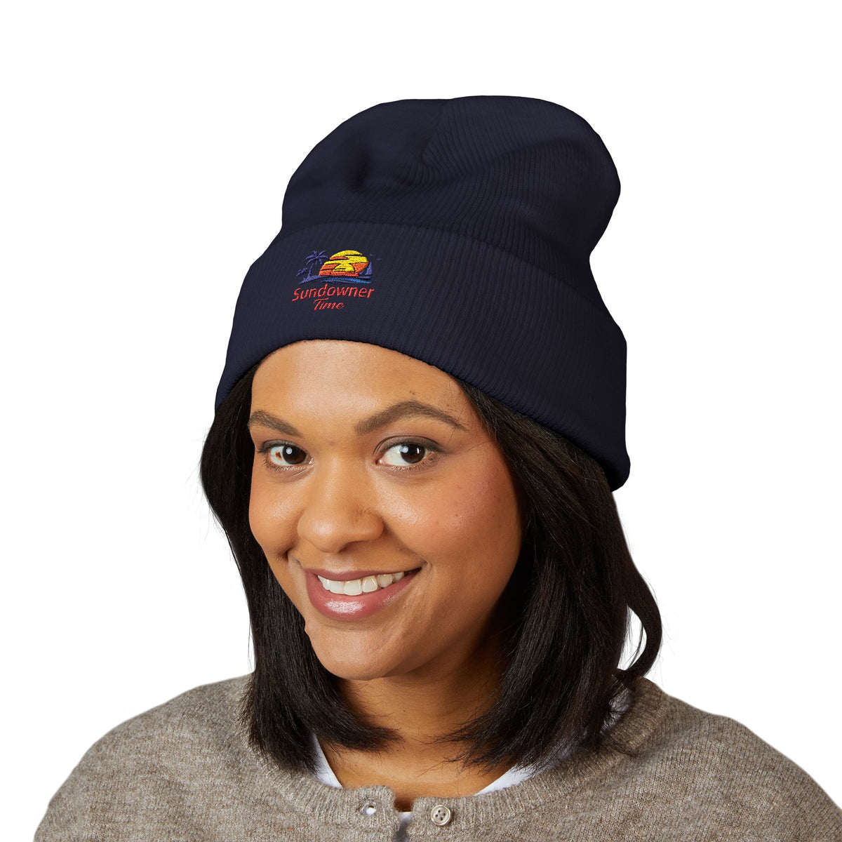 Embroidered 'Sundowner Farm' Cuffed Beanie — Olive Knit Winter Hat