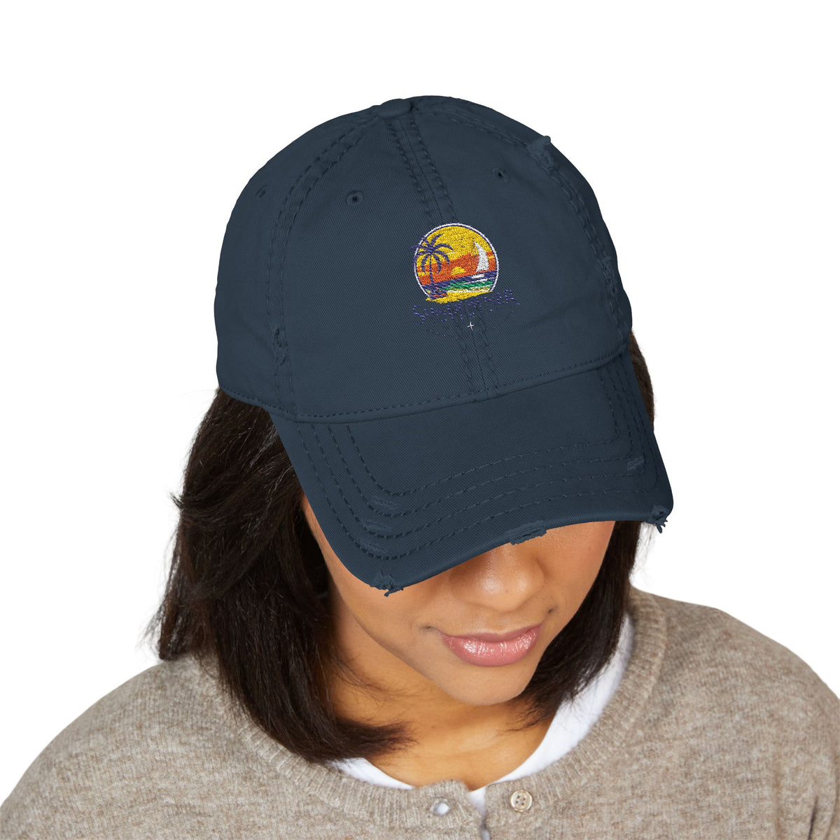 Distressed Embroidered Dad Hat — Vintage Sunset Palm Beach Cap