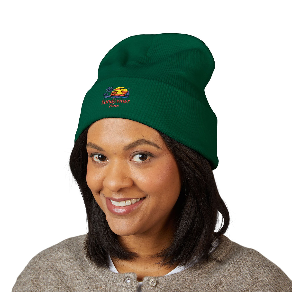 Embroidered 'Sundowner Farm' Cuffed Beanie — Olive Knit Winter Hat