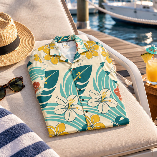 A short-sleeve button-up camp shirt with a retro tropical print featuring plumeria flowers, palm leaves, and wave motifs in teal, mustard yellow, cream, and coral on a white background.