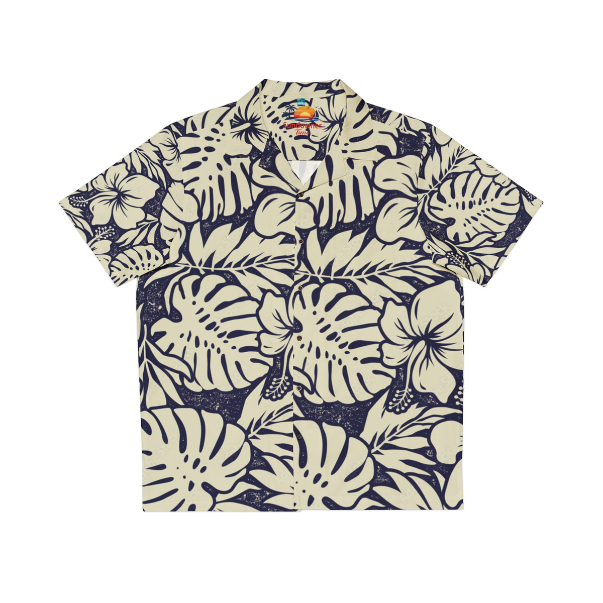 Navy & Cream Tropical Hibiscus Hawaiian Shirt