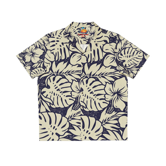 Navy & Cream Tropical Hibiscus Hawaiian Shirt