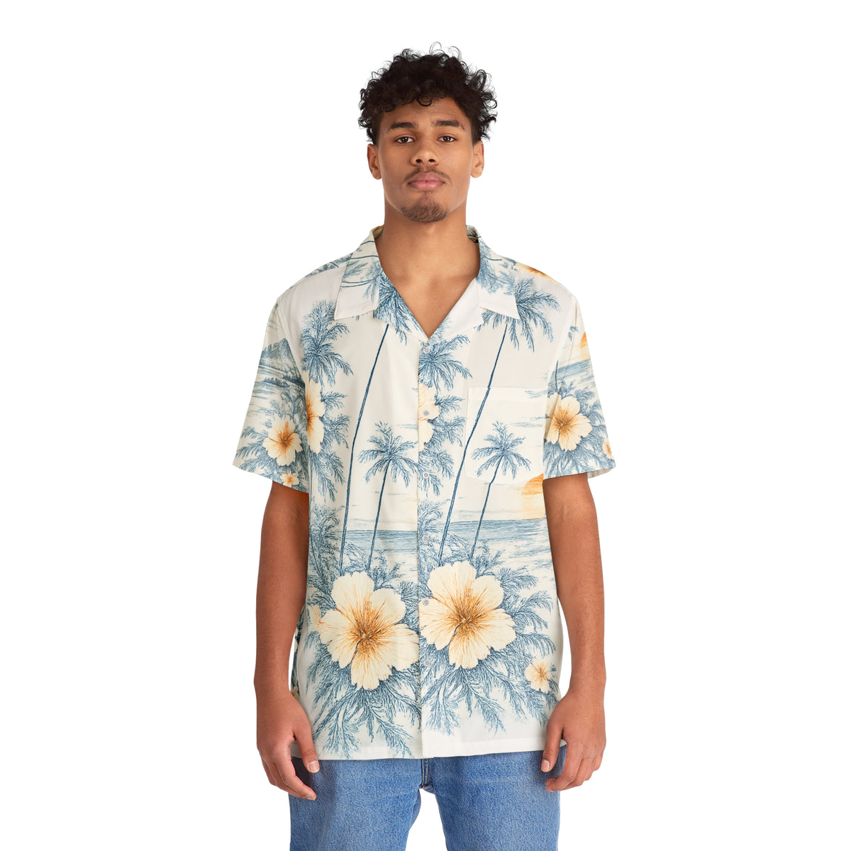 Tropical Leaf Hawaiian Shirt - Blue & Yellow Palm Print