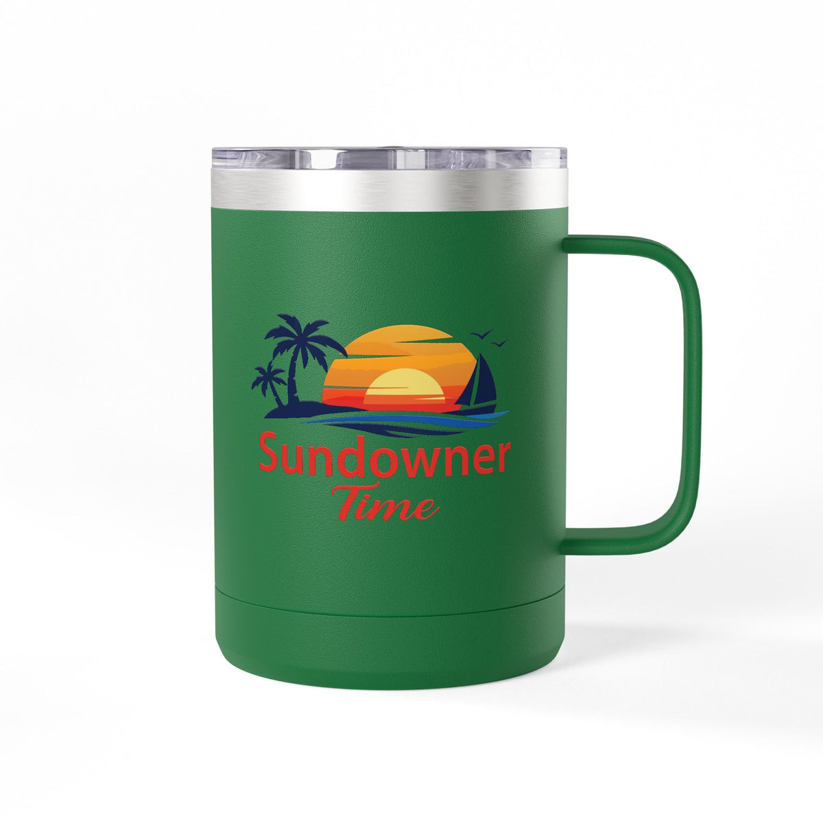 A green insulated stainless steel mug with a handle, a clear lid, and a colorful sunset graphic on the front that reads 'Sundown Time'.