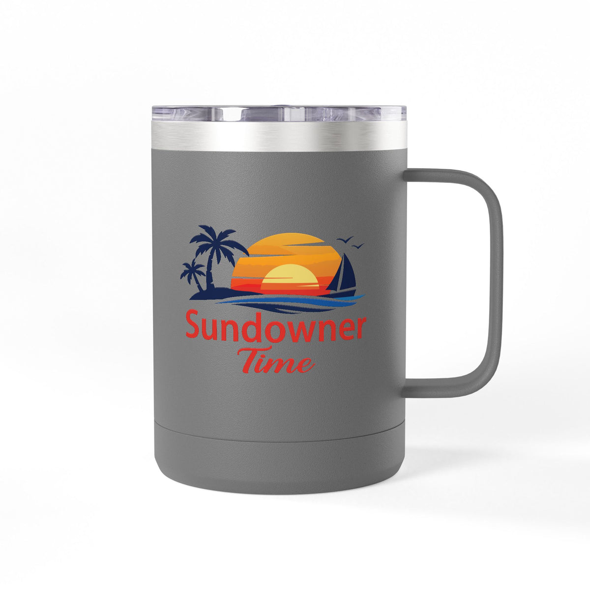 A gray insulated travel mug with a handle and clear lid, featuring a colorful sunset graphic with palm trees, a sailboat, and the words 'Sundowner Time' on the front.