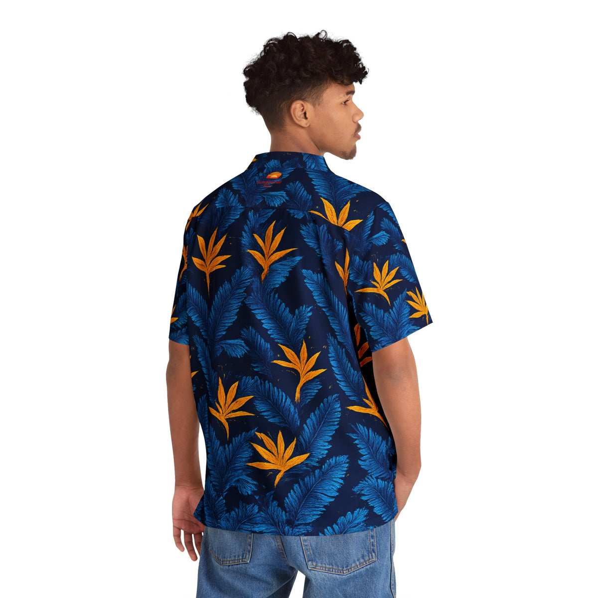Tropical Leaf Hawaiian Shirt - Blue & Gold Palm Print