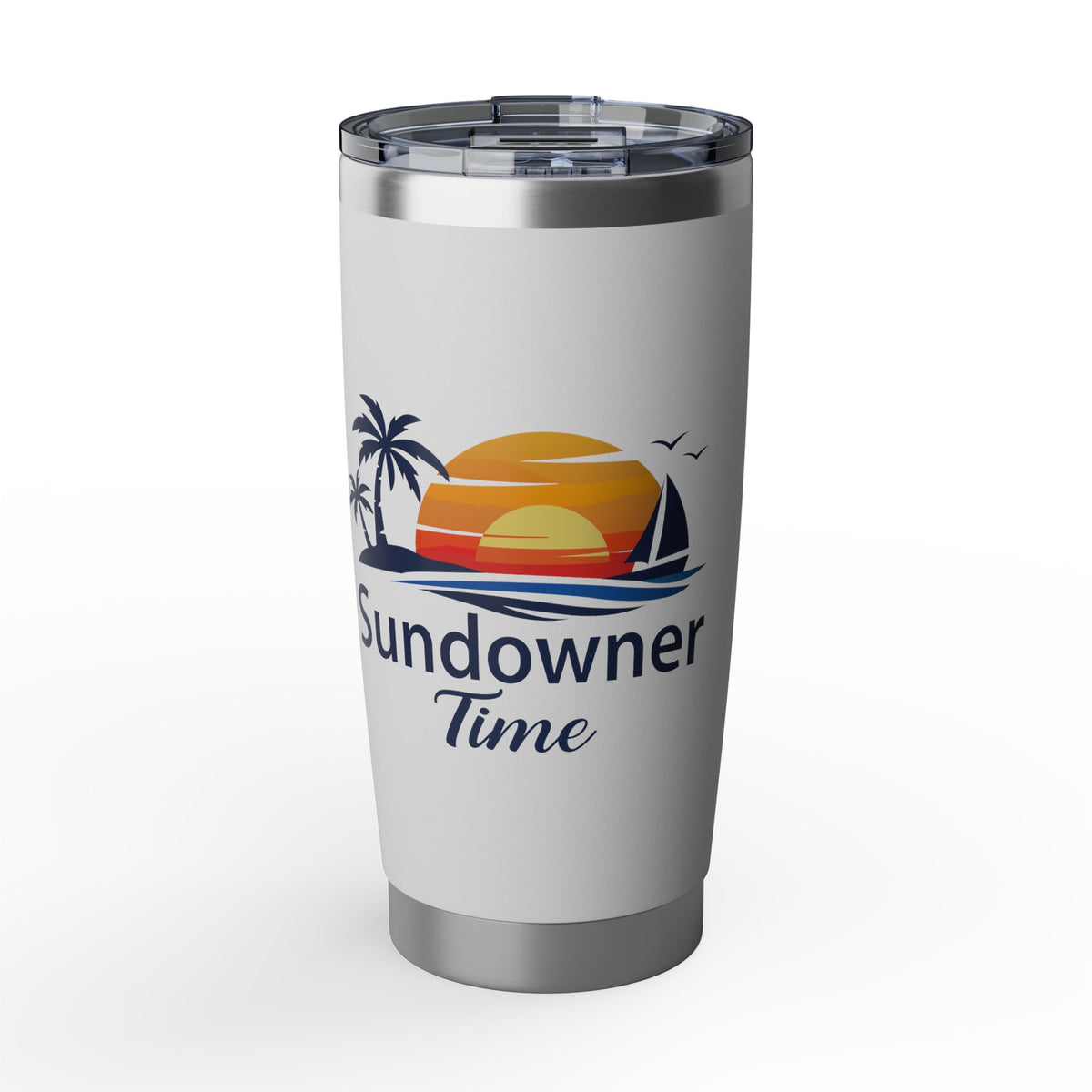 A stainless steel travel tumbler with a clear lid, featuring a 'Sundowne Time' tropical sunset graphic with palm trees, a sailboat, and birds on a white background.