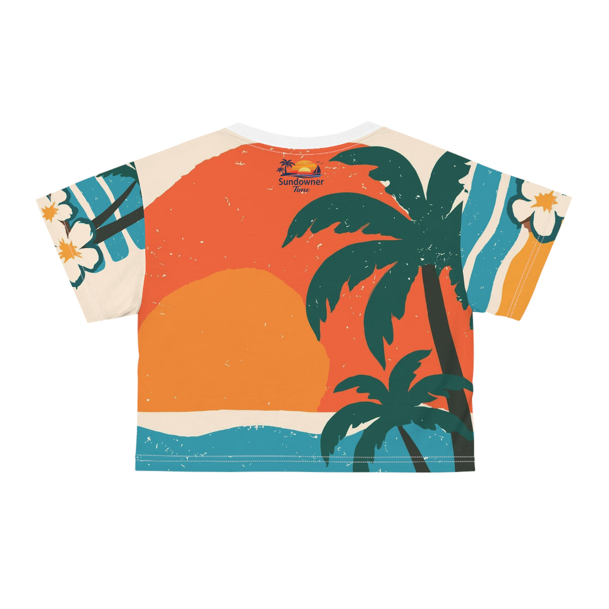 A short-sleeve t-shirt with a vibrant tropical sunset print, featuring a large orange sun, dark green palm trees, and blue ocean waves on a cream-colored base. The brand 'Tropical Summer Vibes' is printed on the upper back.