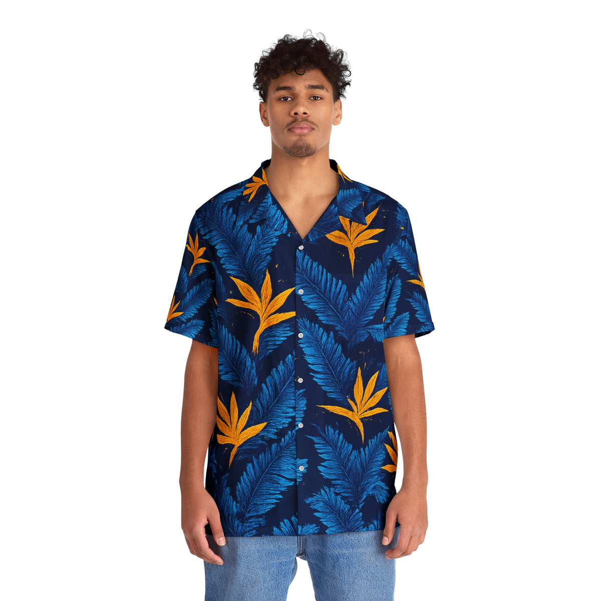 Tropical Leaf Hawaiian Shirt - Blue & Gold Palm Print