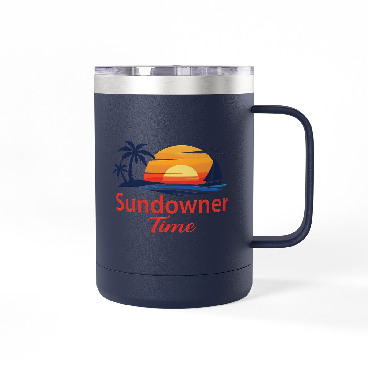 A navy blue insulated travel mug with a handle, clear lid, and a graphic of a sunset over palm trees with the text 'Sundowne Time' in red, shown on a white background.