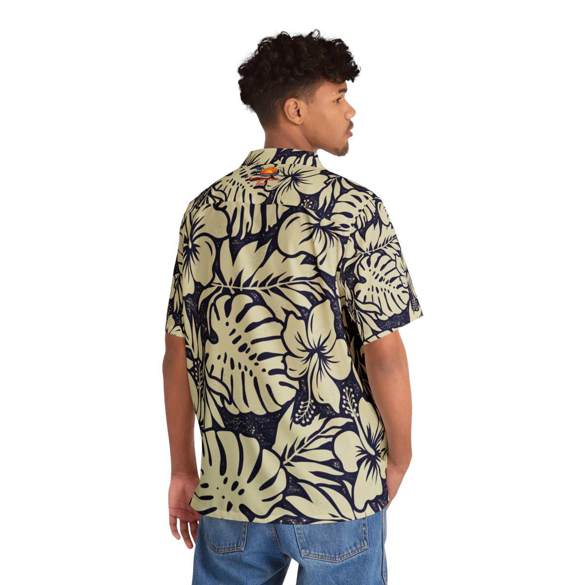 Navy & Cream Tropical Hibiscus Hawaiian Shirt