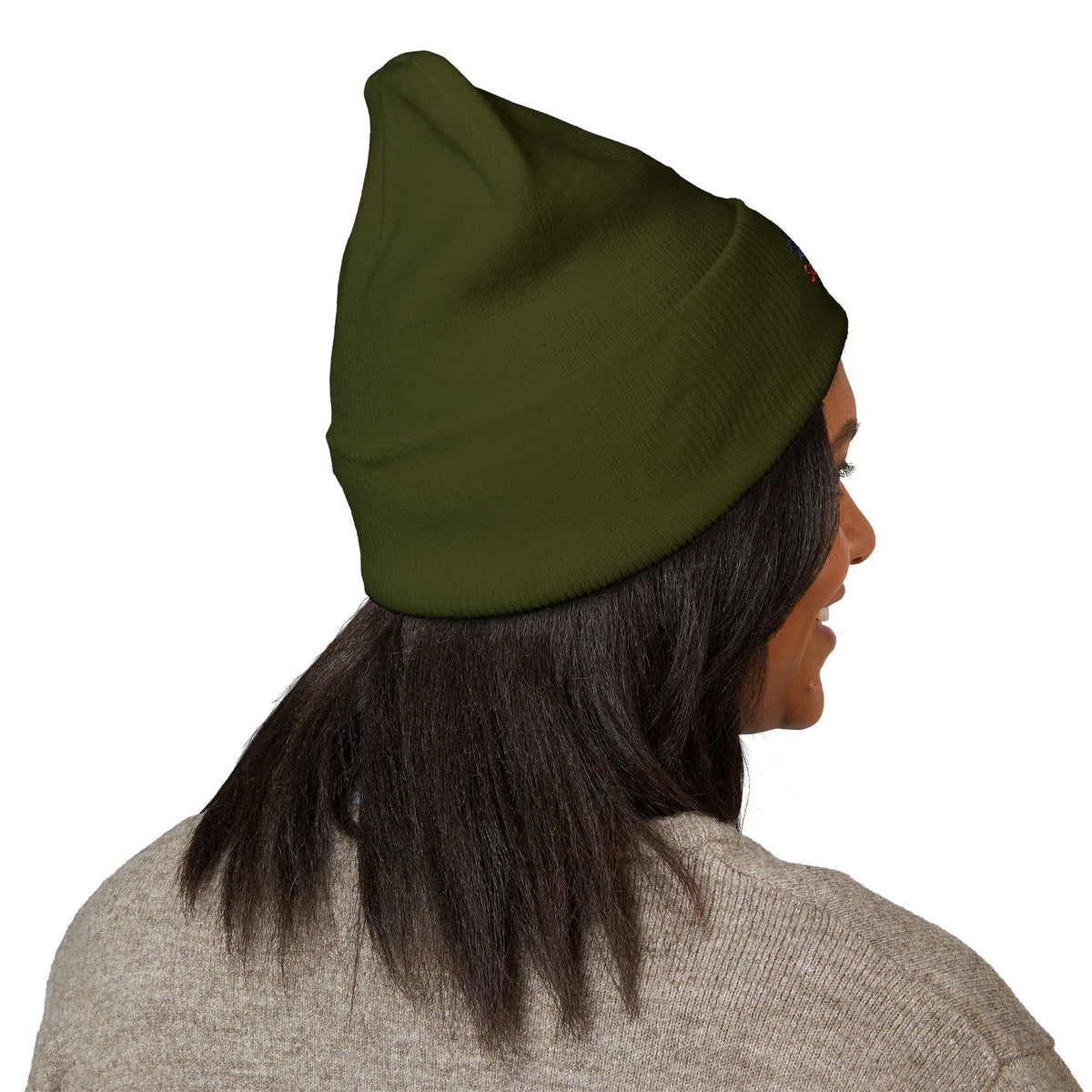 Embroidered 'Sundowner Farm' Cuffed Beanie — Olive Knit Winter Hat