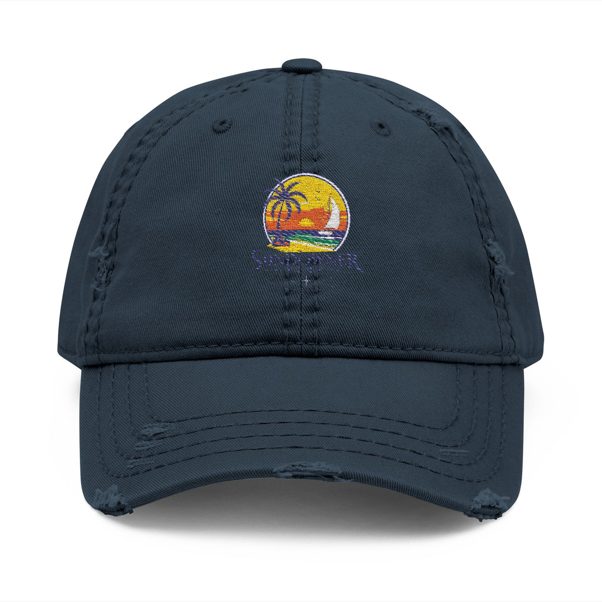 Distressed Embroidered Dad Hat — Vintage Sunset Palm Beach Cap