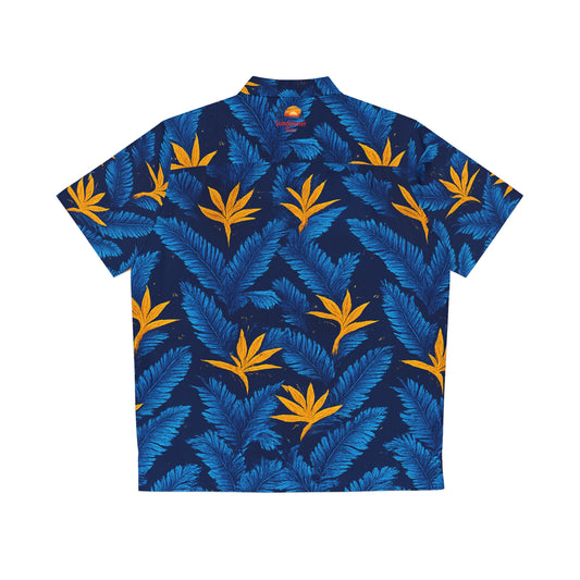 Tropical Leaf Hawaiian Shirt - Blue & Gold Palm Print