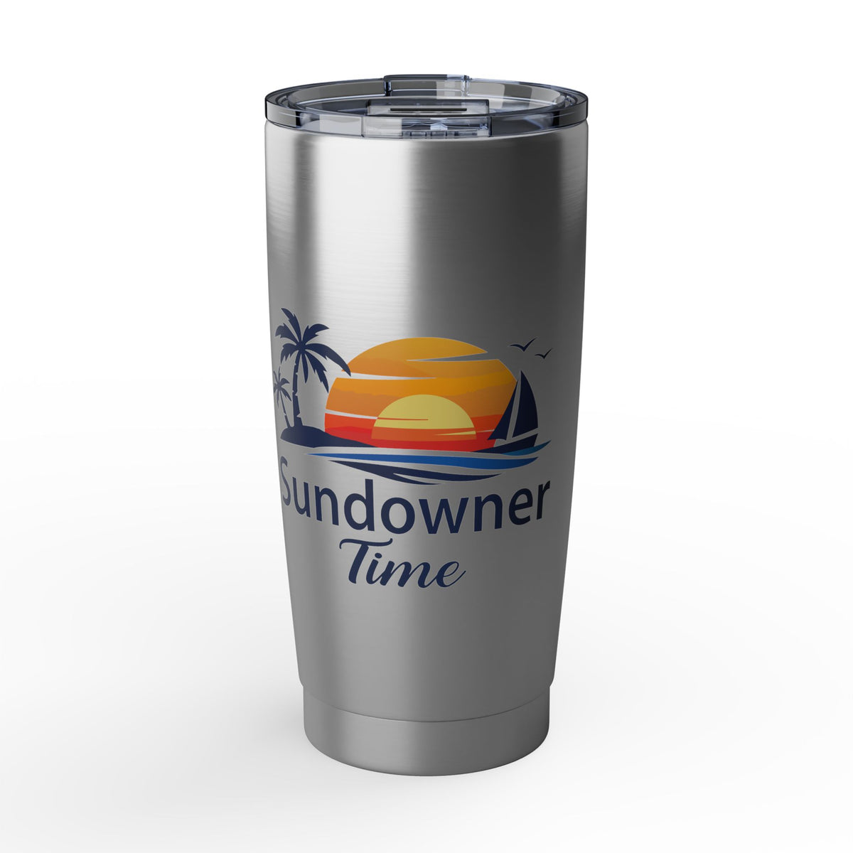 A stainless steel insulated tumbler with a clear lid, featuring a 'Sundowner Time' sunset graphic with palm trees and sailboats on the front.