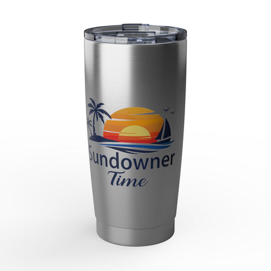 A stainless steel insulated tumbler with a clear lid, featuring a 'Sundowner Time' sunset graphic with palm trees and sailboats on the front.
