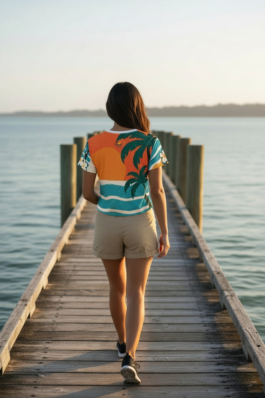 A short-sleeve t-shirt with a vibrant tropical beach sunset print, featuring palm trees, blue ocean waves, and an orange sun on a white background.