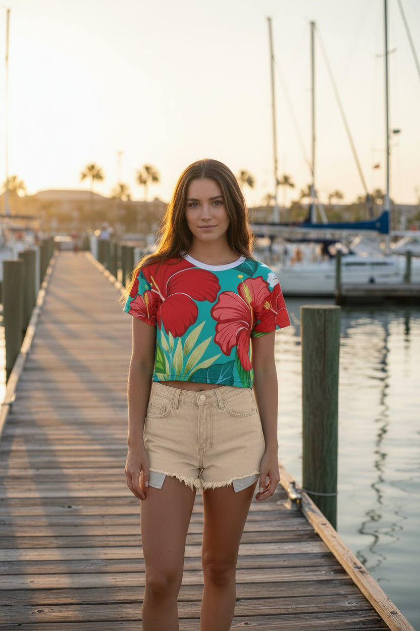 A woman modeling a short-sleeve crop top with a vibrant tropical hibiscus floral print on a solid white background.