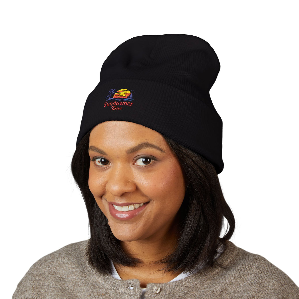 Embroidered 'Sundowner Farm' Cuffed Beanie — Olive Knit Winter Hat