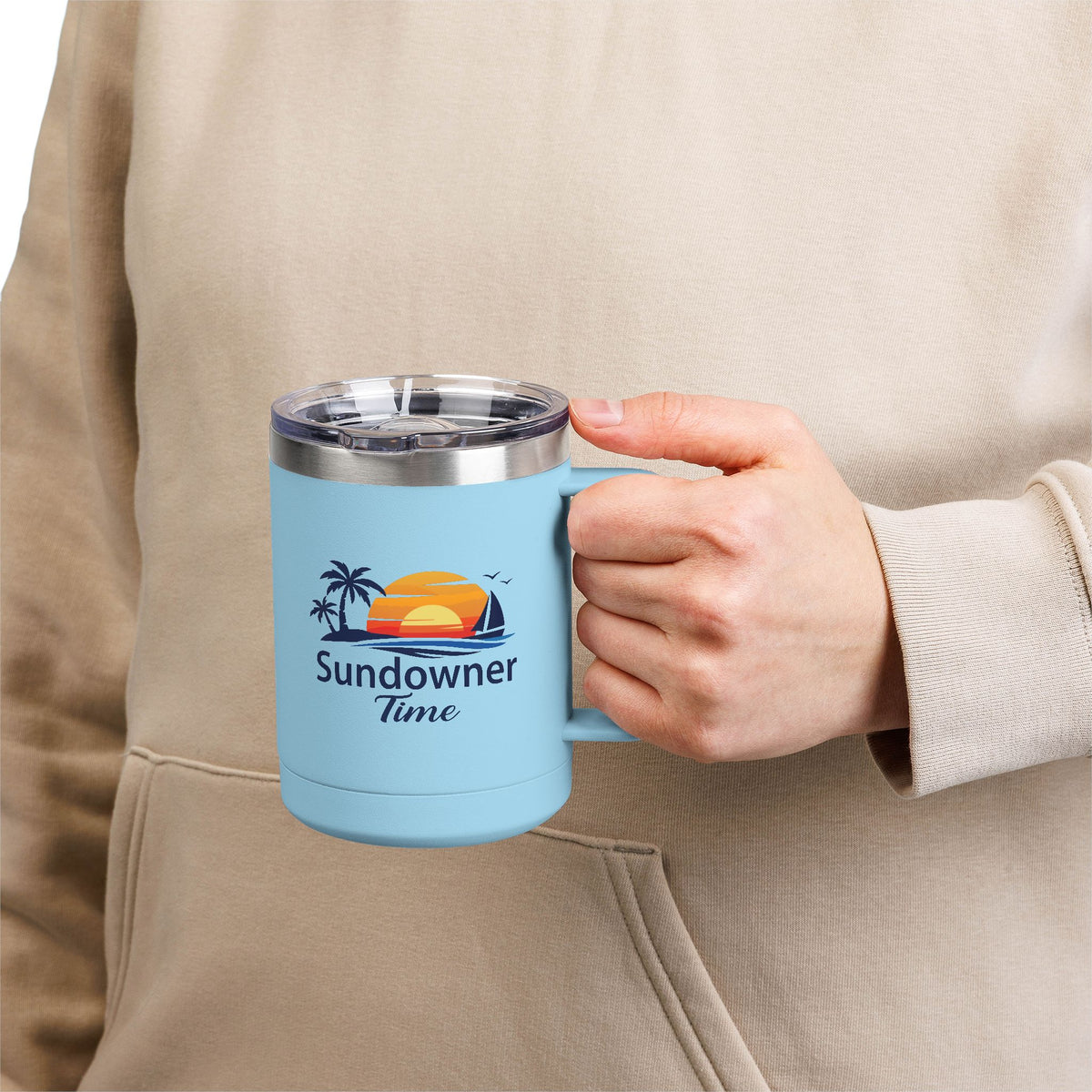 Sundowner Tides 15oz Travel Mug — Sunset Beach Logo Stainless Coffee Tumbler
