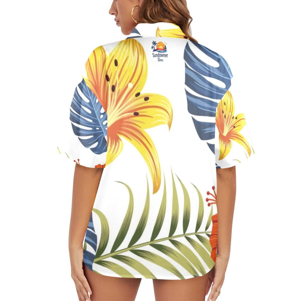 Ladies Hawaiian shirt blue leaves
