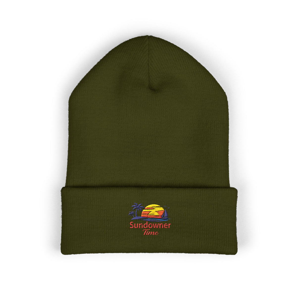 Embroidered 'Sundowner Farm' Cuffed Beanie — Olive Knit Winter Hat