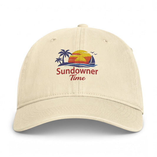 Coastal Washed Cap — Embroidered "Sundowner Time" Sunset Baseball Hat