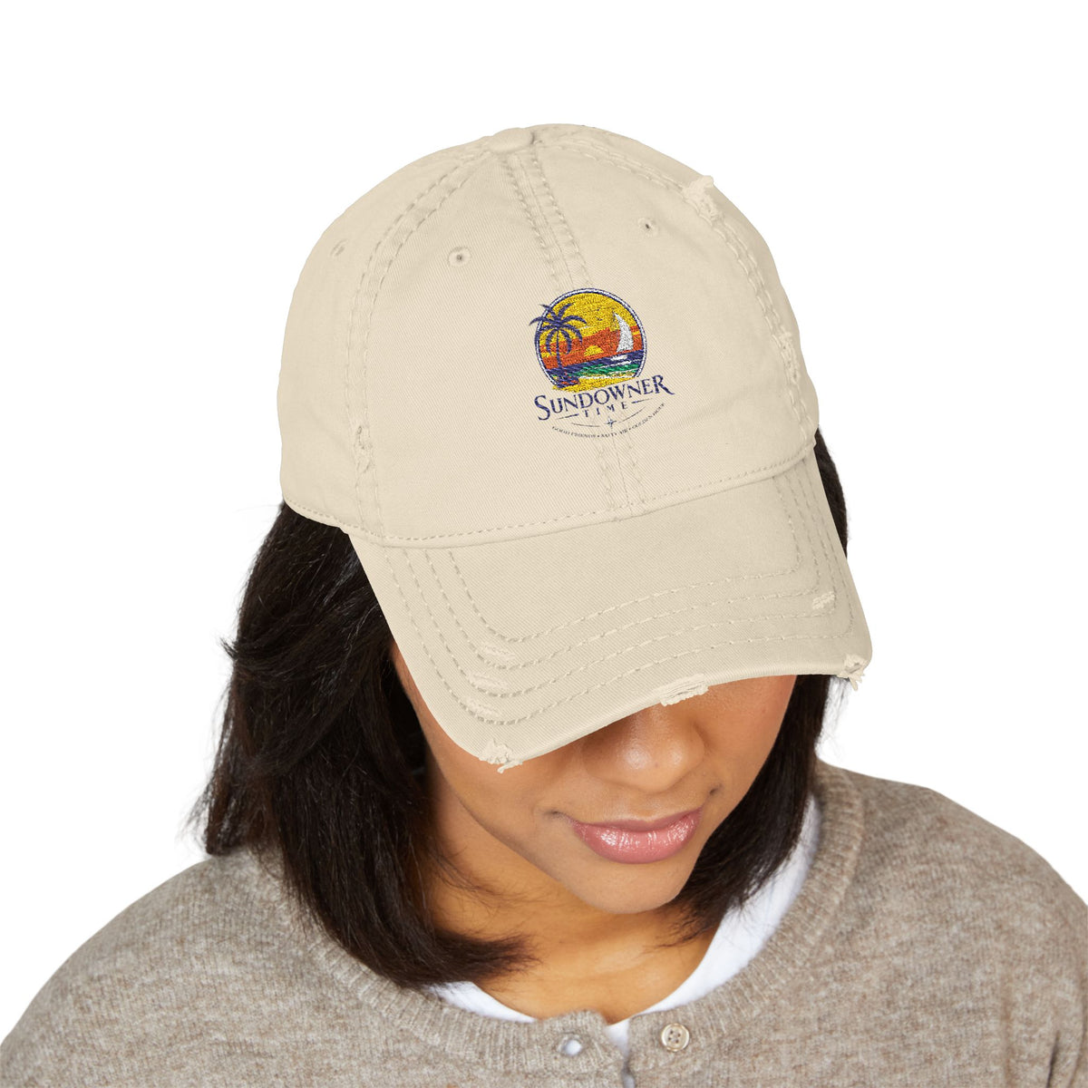 Distressed Embroidered Dad Hat — Vintage Sunset Palm Beach Cap