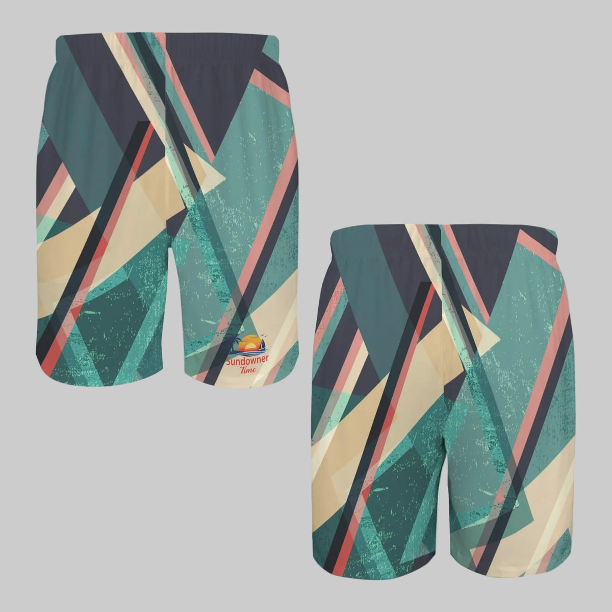 A pair of men's athletic shorts with a colorful geometric pattern, shown from two angles (front and side) on a plain white background. The pattern features diagonal stripes in teal, beige, pink, and dark gray with a distressed texture, and a small 'Sundowner Time' logo is visible near the hem.