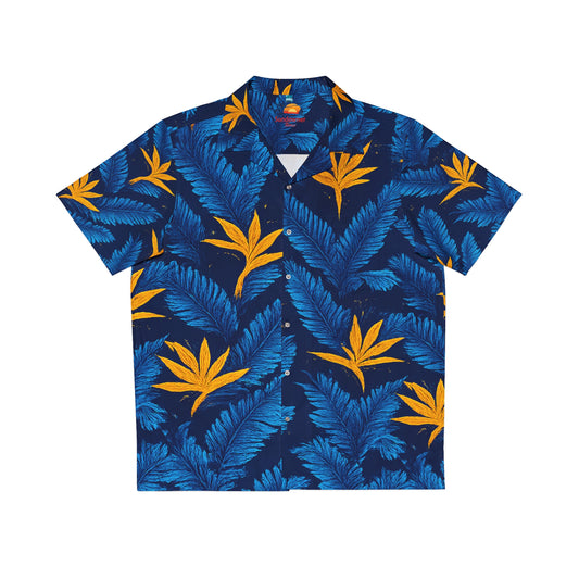 Tropical Leaf Hawaiian Shirt - Blue & Gold Palm Print