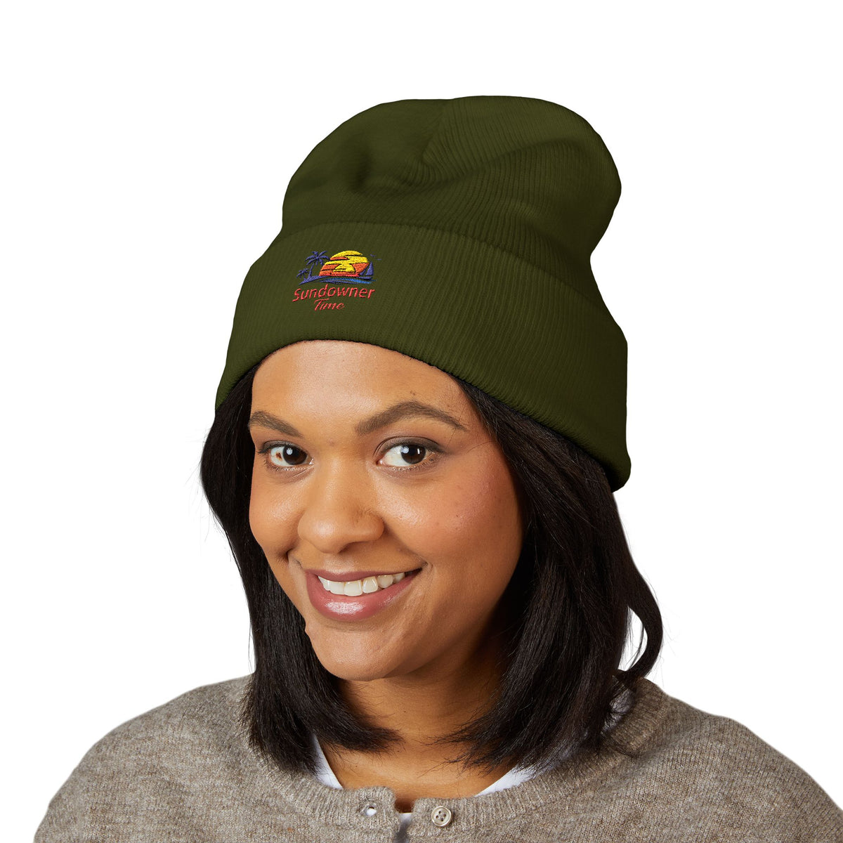 Embroidered 'Sundowner Farm' Cuffed Beanie — Olive Knit Winter Hat