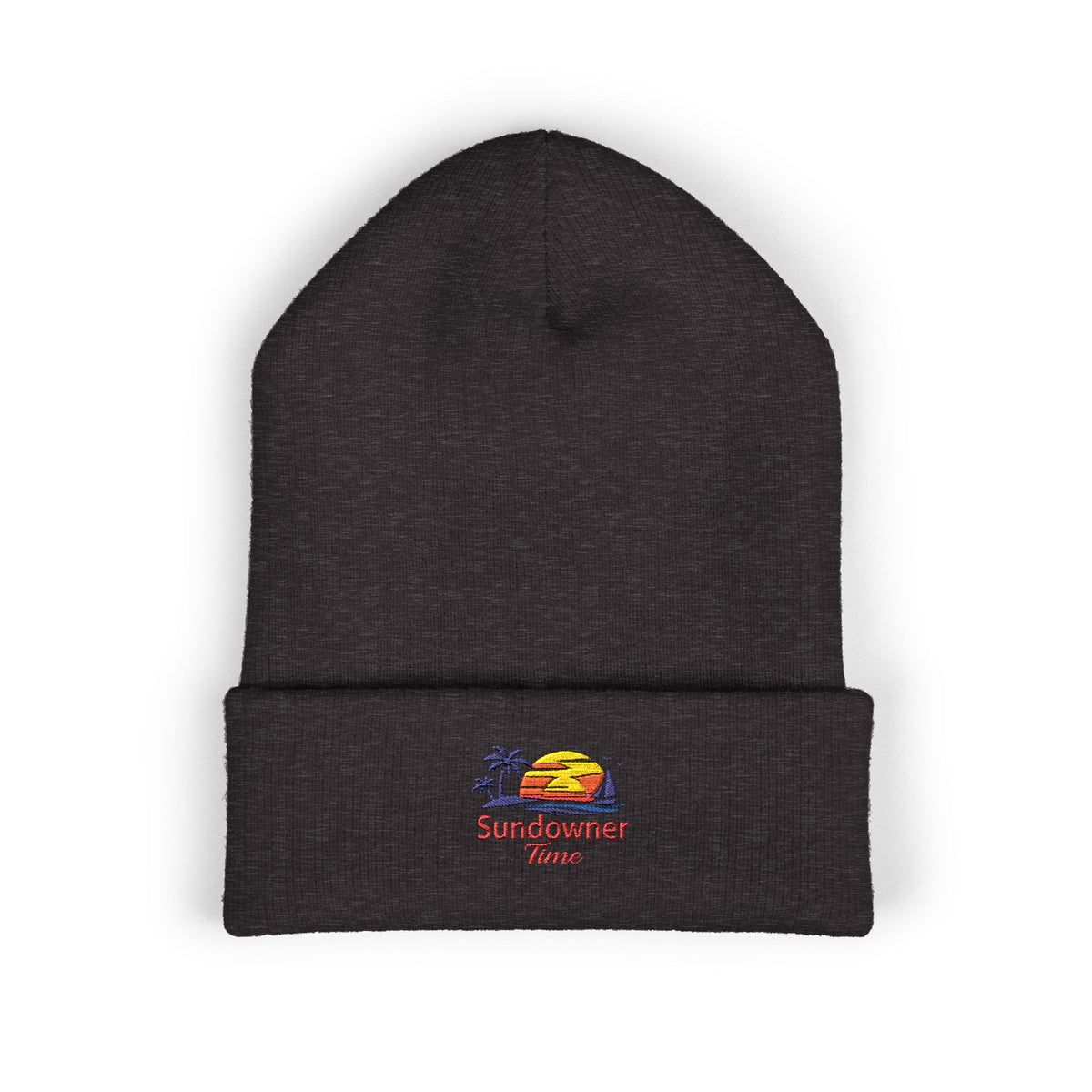Embroidered 'Sundowner Farm' Cuffed Beanie — Olive Knit Winter Hat