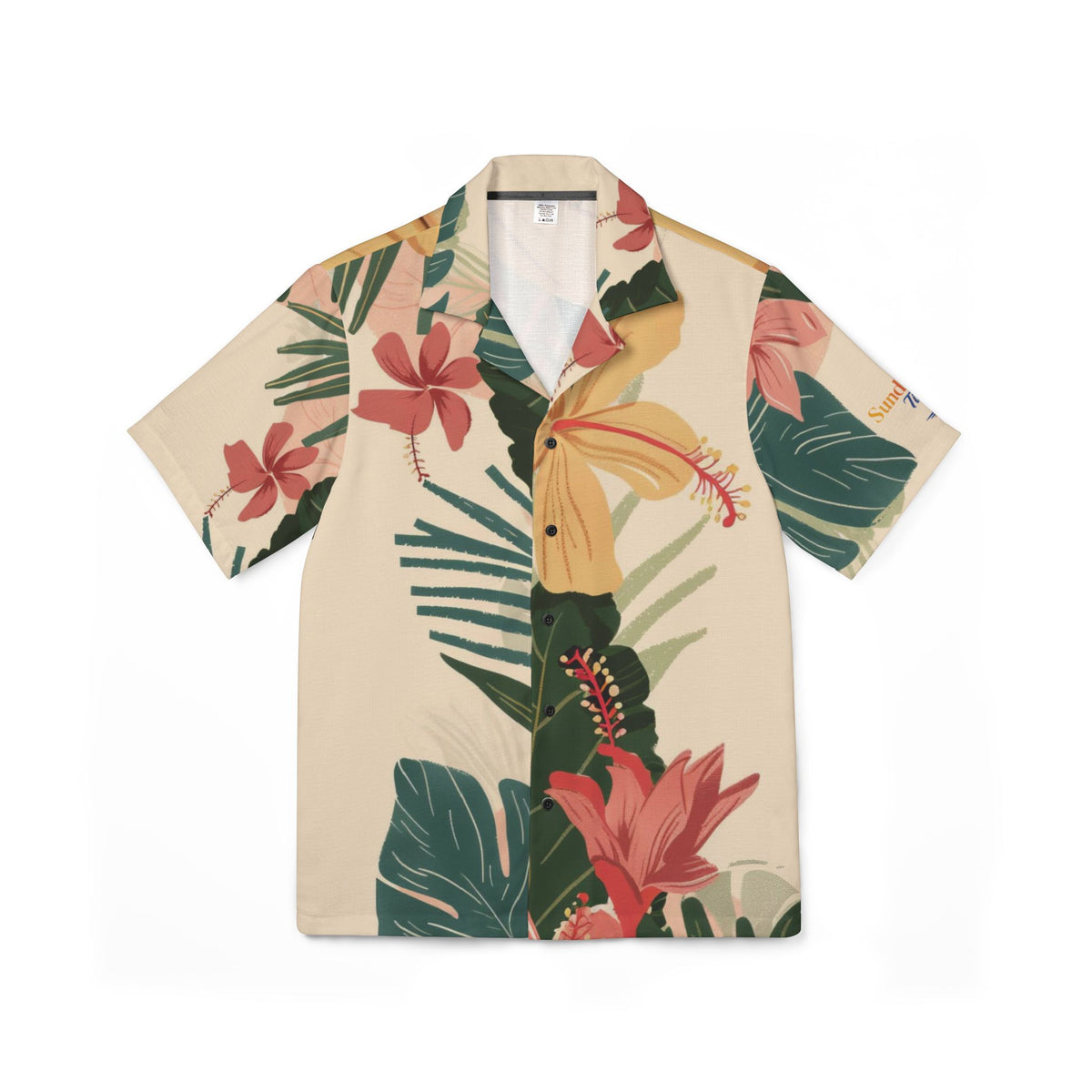 A short-sleeve button-up camp shirt with a tropical floral print on a cream background, featuring pink hibiscus, yellow flowers, and green palm leaves.