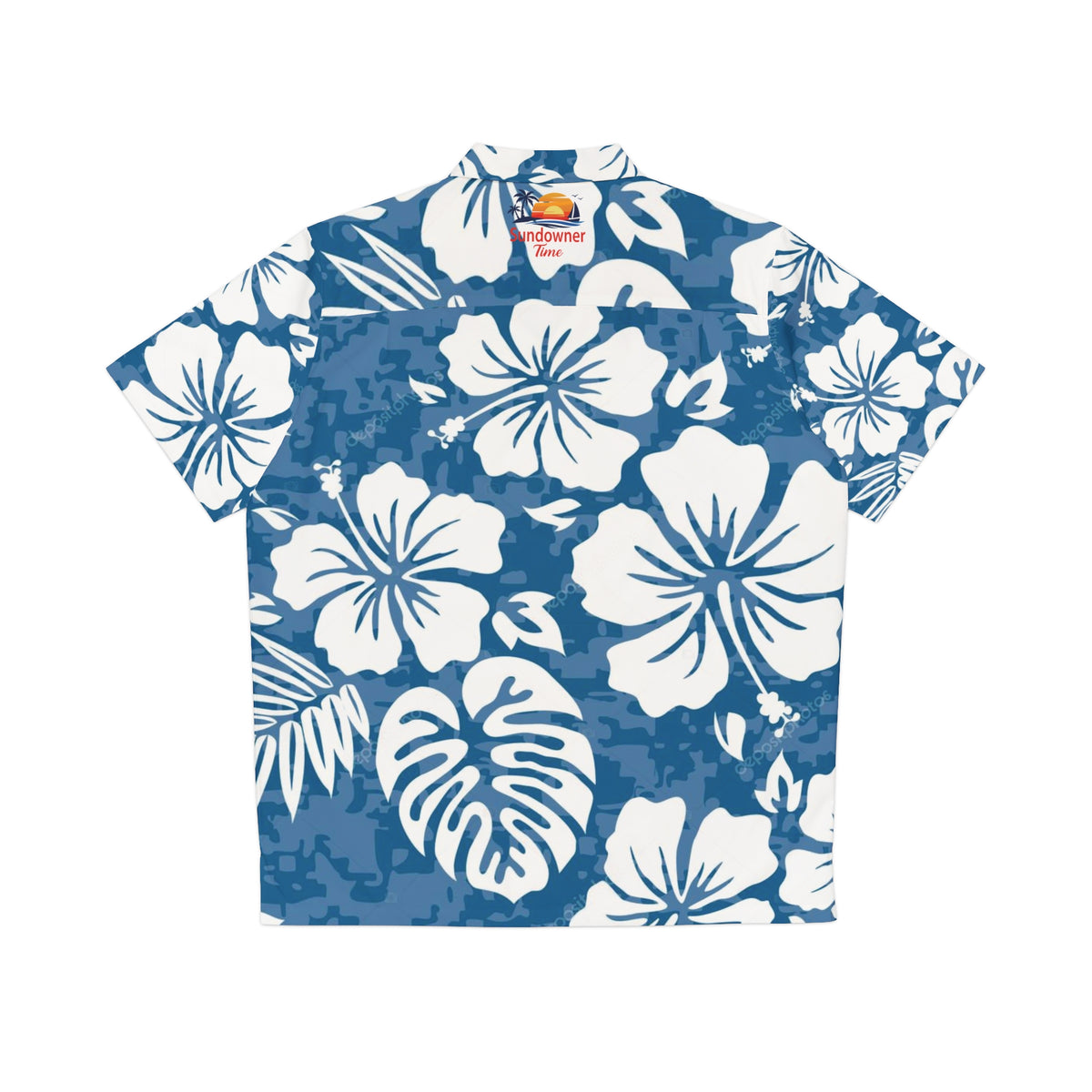 A short-sleeve button-up camp shirt with a blue digital camouflage base and a white tropical floral print, featuring hibiscus and monstera leaves. The brand label inside the collar reads 'Hawaii Aloha'.