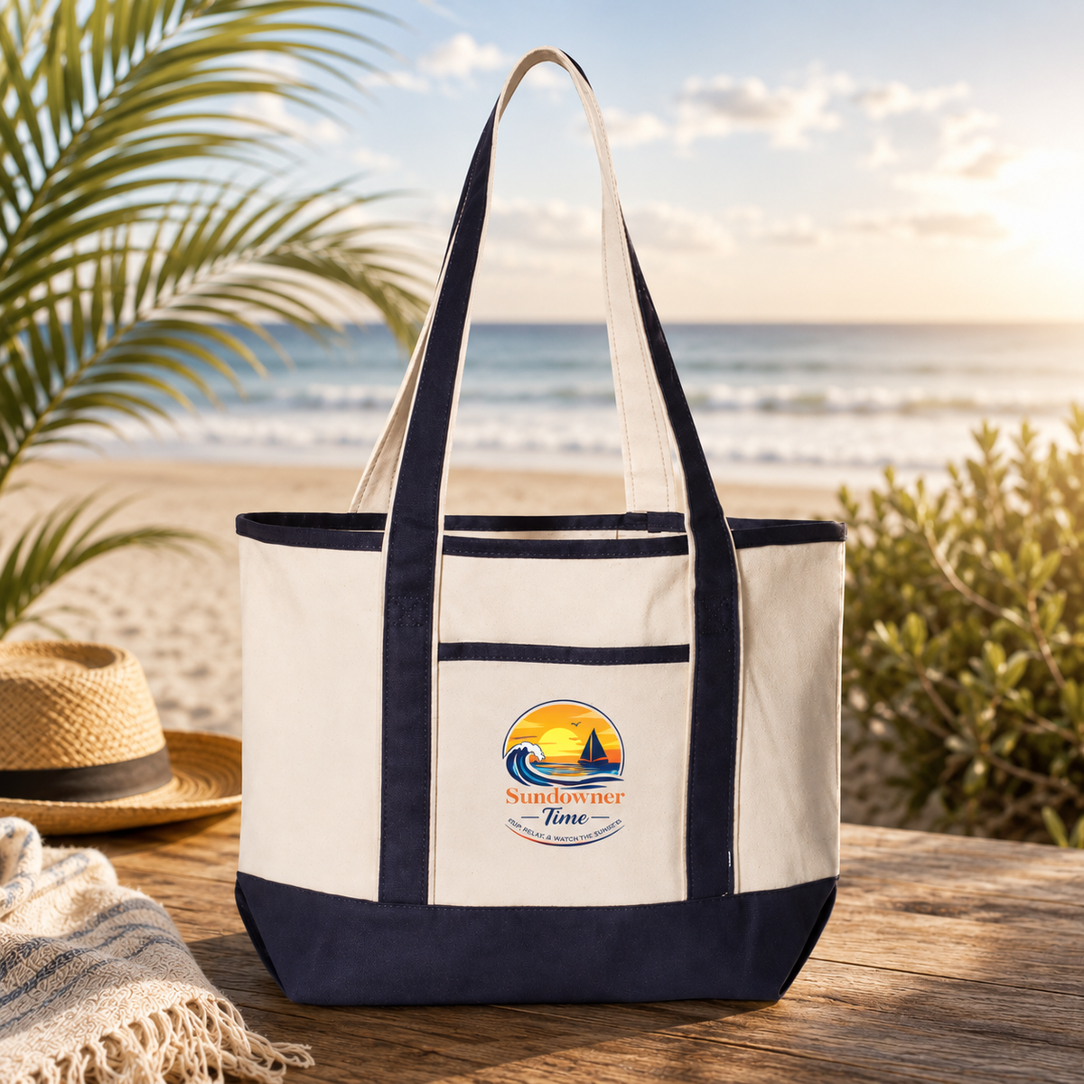 A canvas tote bag with navy blue trim and handles sits on a wooden table at a beach, with a straw hat and blanket nearby and ocean, sand, and palm leaves in the background. The front pocket has a circular 'Surfwave Coast' logo.